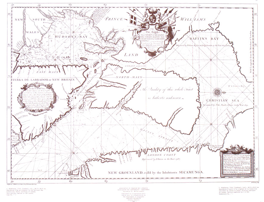 Chart of Hudson's Bay & Straits, Baffin's Bay, Strait Davis & Labrador Coast 
 (C. Middleton) 
1743 